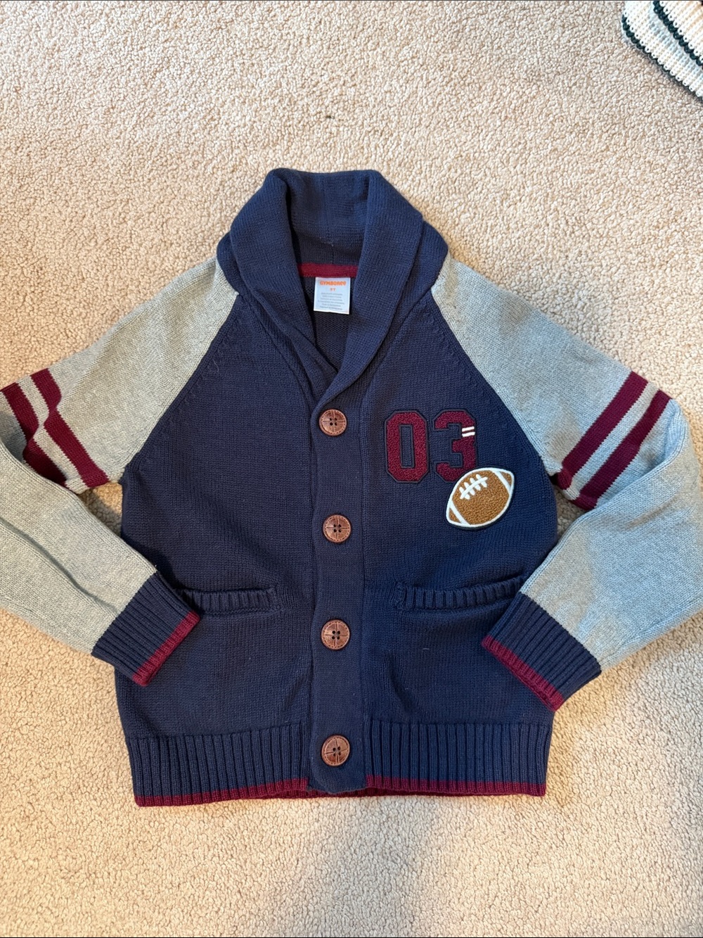 Gymboree Navy, Gray & Maroon Shawl Collar Football Cardigan